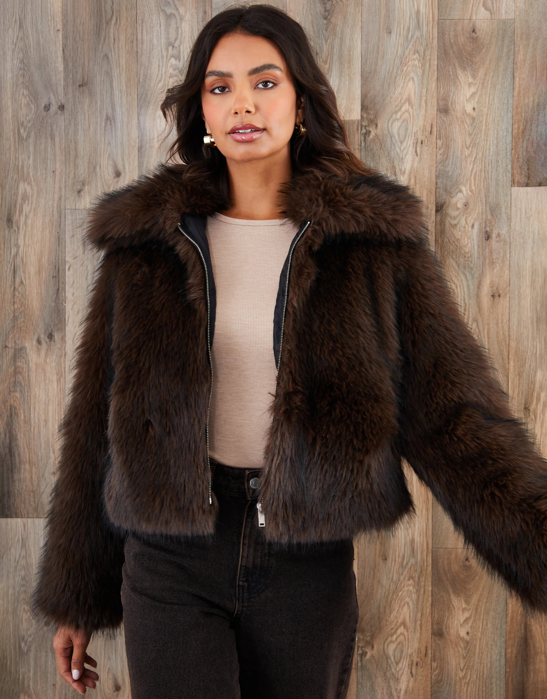 Chocolate Brown Faux Fur Zip Through Coat | Threadbare