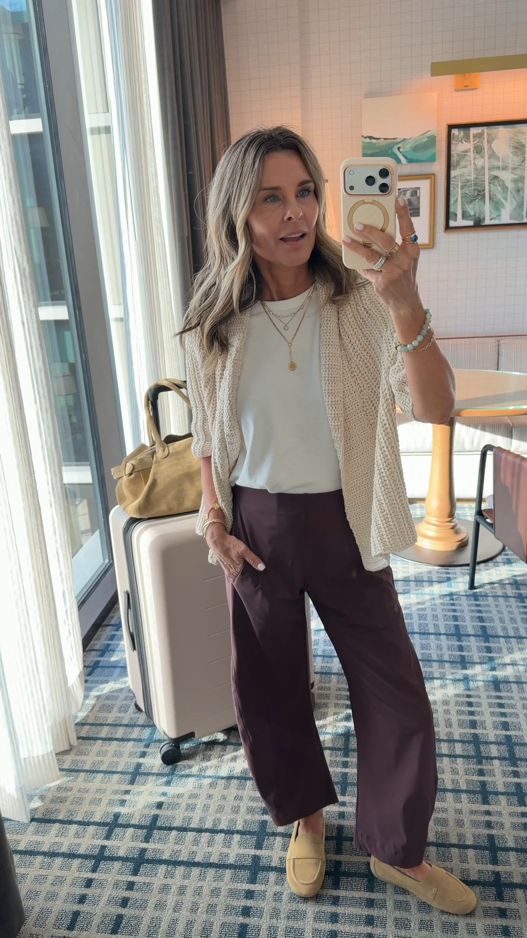 Road trip look
Favorite lightweight pants, I’m 5’6” wearing a 2.

-New tee with a thicker weight and great cut! 
-a cozy shrug sz XS 
-quality luggage for less! 

@Quince @Brochu Walker @Ruti

#LTKgrwm #LTKOver40 #LTKTravel