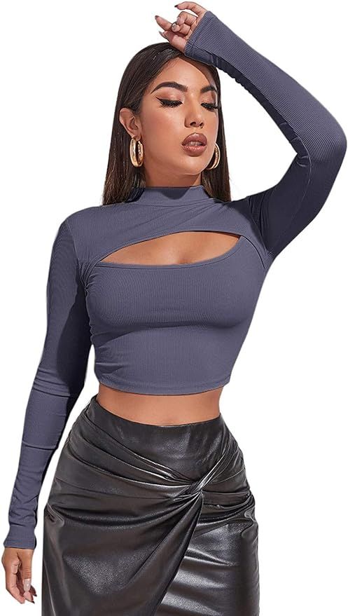 SheIn Women's Long Sleeve T Shirt Front Cut Out Basic Knit Mock Neck Crop Top | Amazon (US)