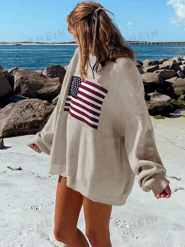 SHEIN Essnce Casual American Flag Pattern Drop Shoulder Sweater | SHEIN