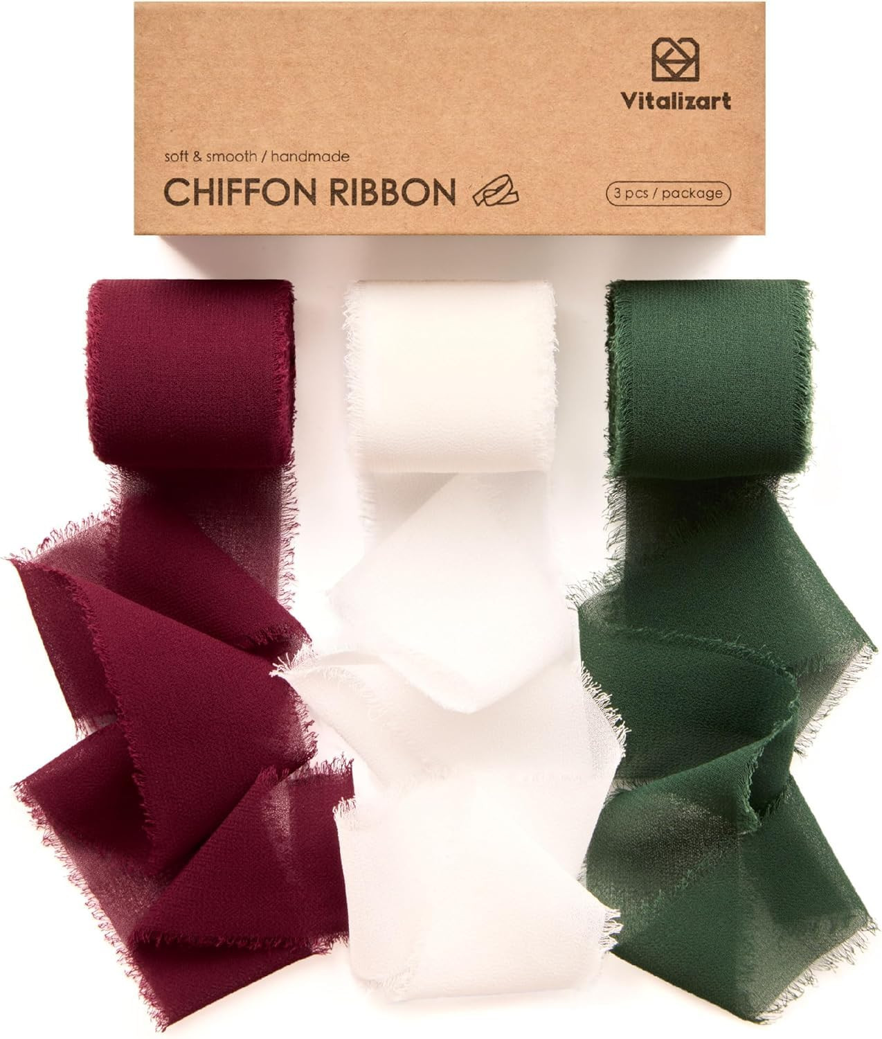 Vitalizart Christmas Handmade Chiffon Silk Ribbon Fringe 3 Rolls 1.5" x 21 Yd Frayed Edges Ribbon... | Amazon (US)