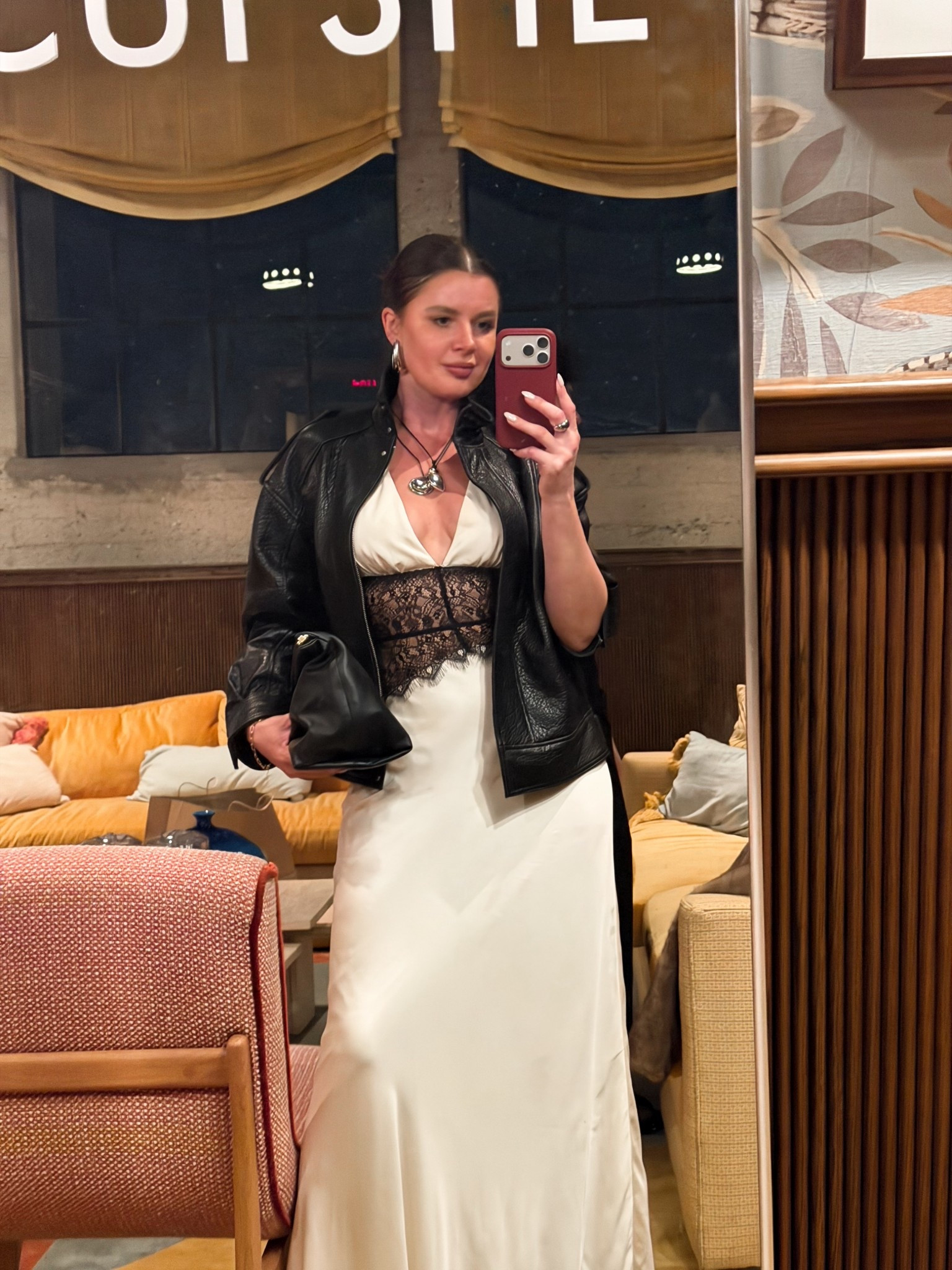 Styling a lace detail dress with a black leather bomber jacket a black clutch and black high heel sandals 
#falloutfit #bomber #jacket #lace #dress #black #leather #chic 

#LTKFindsUnder50 #LTKParties #LTKFindsUnder100