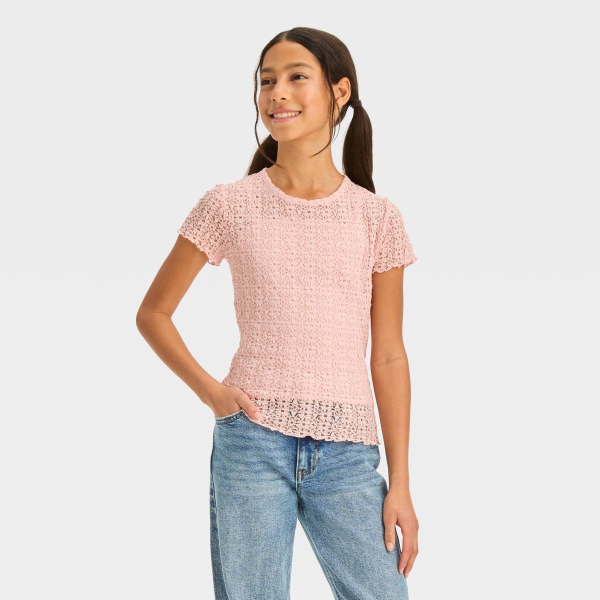 Girls' Short Sleeve Crewneck Lace Top - art class™ | Target