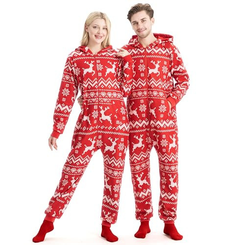 Giggling Getup Red Women Adults Christmas Pajamas with Hood, Loose Nordic Print Pattern Christmas Pajamas for Holiday Pajamas Jumpsuits-M | Amazon (US)