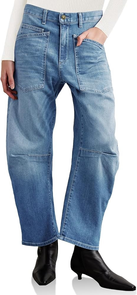 PLNOTME Womens Baggy Barrel Horseshoe Jeans High Waisted Wide Leg Vintage Denim Pants with Front ... | Amazon (US)