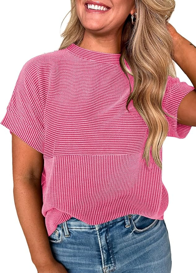 EVALESS Short Sleeve Shirts for Women Casual Spring Summer Tops Ribbed Knit Striped Womens Tops C... | Amazon (US)