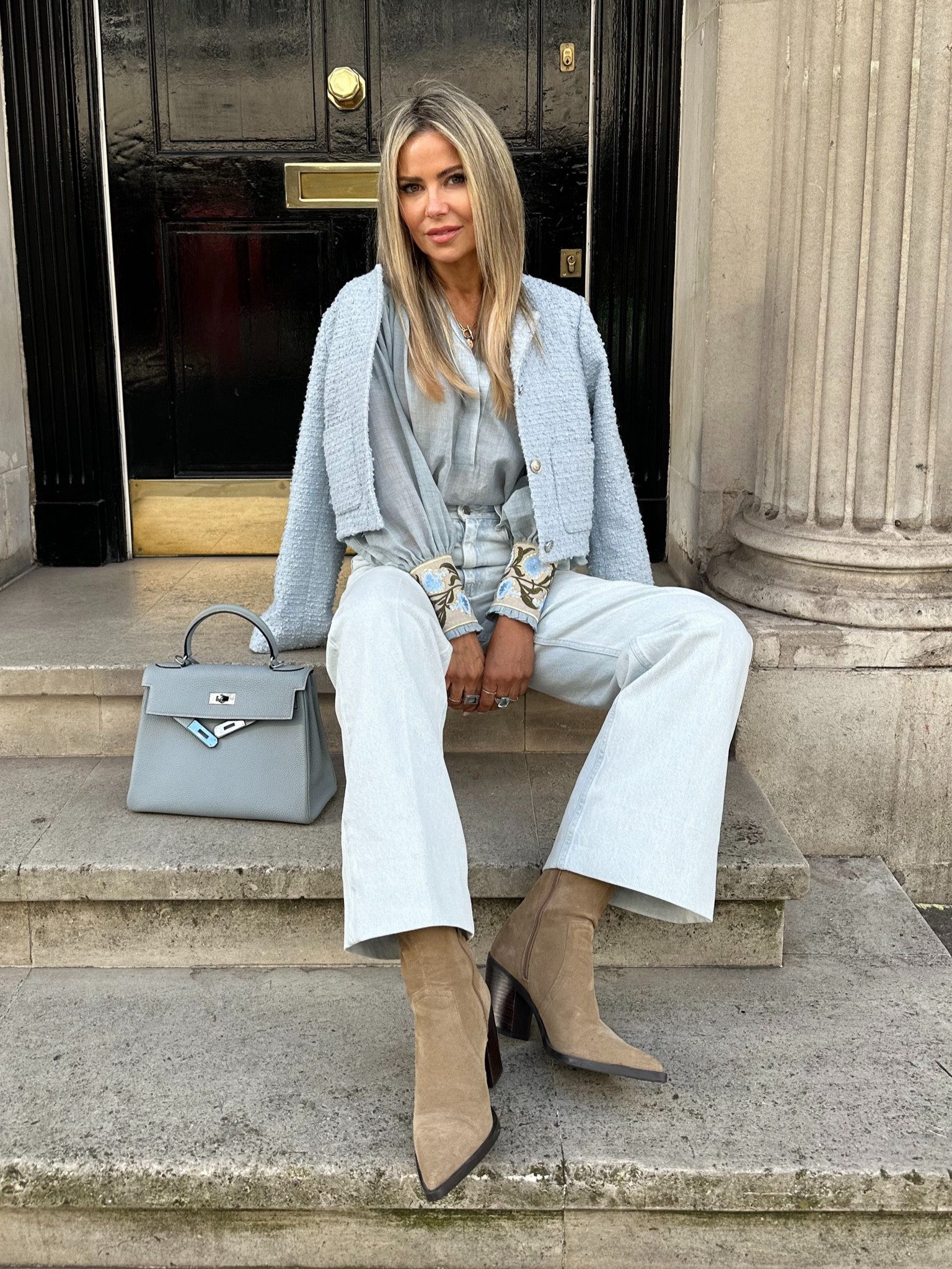 Tweed , denim and a beautiful blouse 🩵 
#tweedjacket #casualchic #frenchlook #howtostyle #blueoutfit #denim #classystyle #LTKover40

#LTKstyletip #LTKeurope