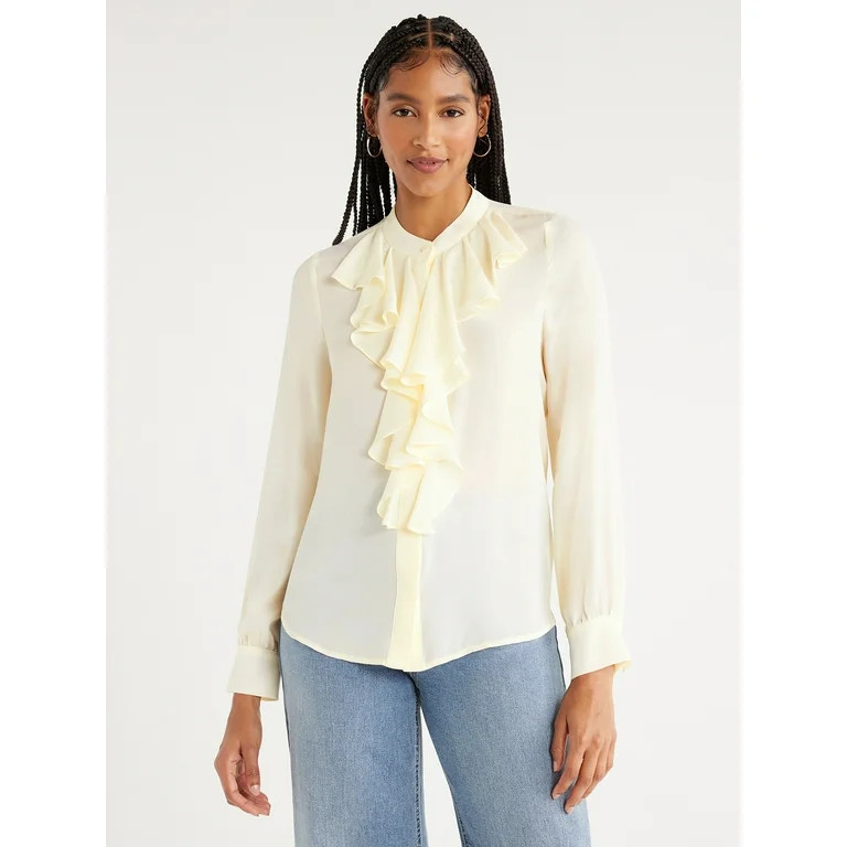 Scoop Women’s Ruffle Button Down Shirt, Sizes XS-XXL | Walmart (US)