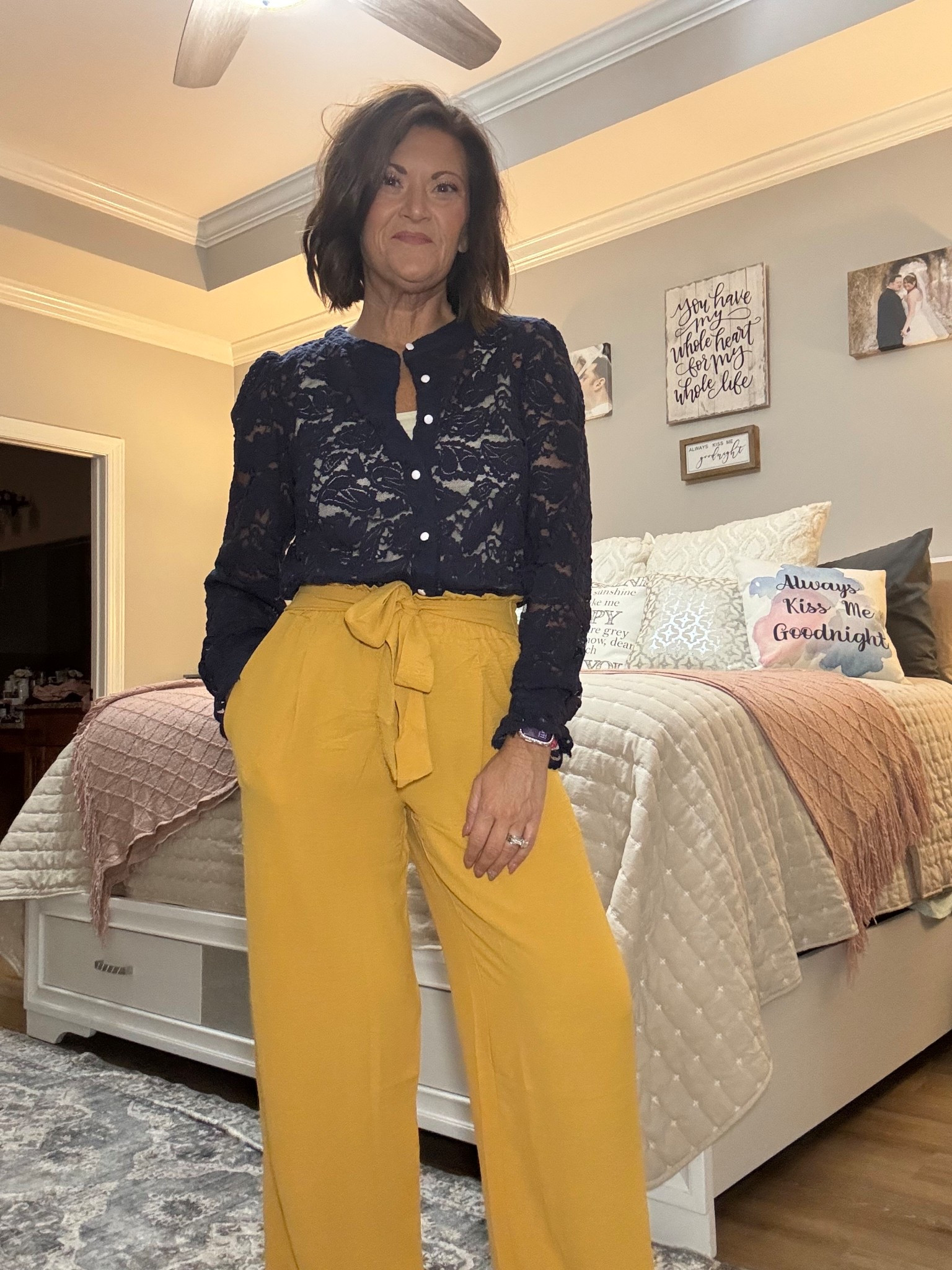 Bold colors + timeless textures = a look that turns heads ✨ I’m obsessed with how these mustard wide-leg trousers pop against the navy lace blouse. The tie-waist detail gives such a flattering shape, while the lace adds just the right amount of elegance.

This outfit feels perfect for work, date night, or even a special event where you want to look polished but still comfortable. Pairing rich jewel tones with a statement pant is one of my favorite ways to transition into fall while keeping things chic 🍂💛

#AmazonFashion #LTKStyle #BusinessCasualOutfit #AmazonFinds #ElderMillennialStyle #TeacherOutfits #FallOutfitInspo

#LTKStyleTip #LTKOver40 #LTKWorkwear