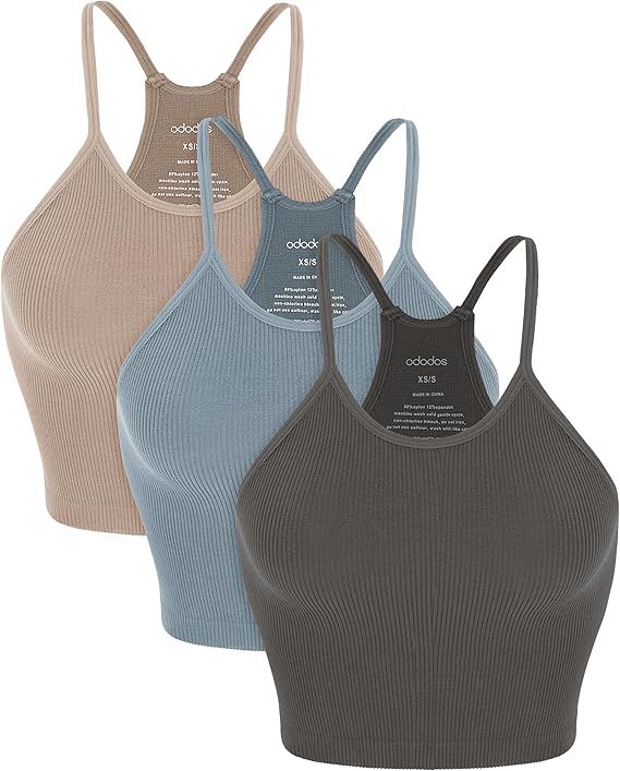 ODODOS Women's Crop 3-Pack Washed Seamless Rib-Knit Camisole Crop Tank Tops | Amazon (US)