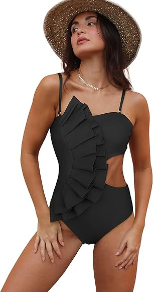 SPORLIKE Women One Piece Swimsuit Flounce Swimwear Hole Out Bathing Suit Padded Monokini | Amazon (US)