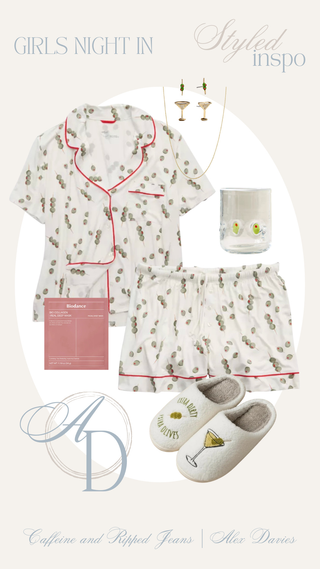 // martini themed girls night in // olive pajamas // martini olive icon glass // martini earrings // face mask // slippers //  

 #LTKdayinmylife #LTKgrwm #LTKootd