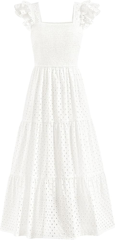 PRETTYGARDEN Womens Summer Square Neck Maxi Dresses Cap Sleeve Eyelet Smocked Tiered A Line Flowy... | Amazon (US)