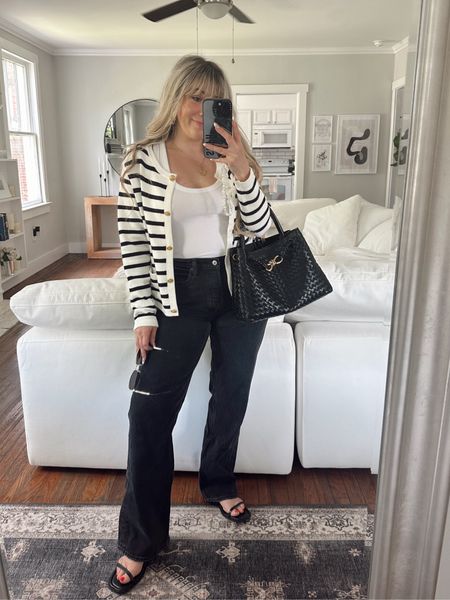 Outfit of the day - this spring striped cardigan is so chic and affordable from Amazon! I had forgotten I had these baggy Abercrombie jeans and they fit like a dream! Wearing my true size! 

#LTKfindsunder100 #LTKstyletip