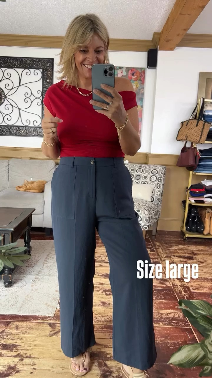 Size large in the asymmetrical red top and linen blend pants 

#LTKOver40 #LTKMidsize #LTKWorkwear
