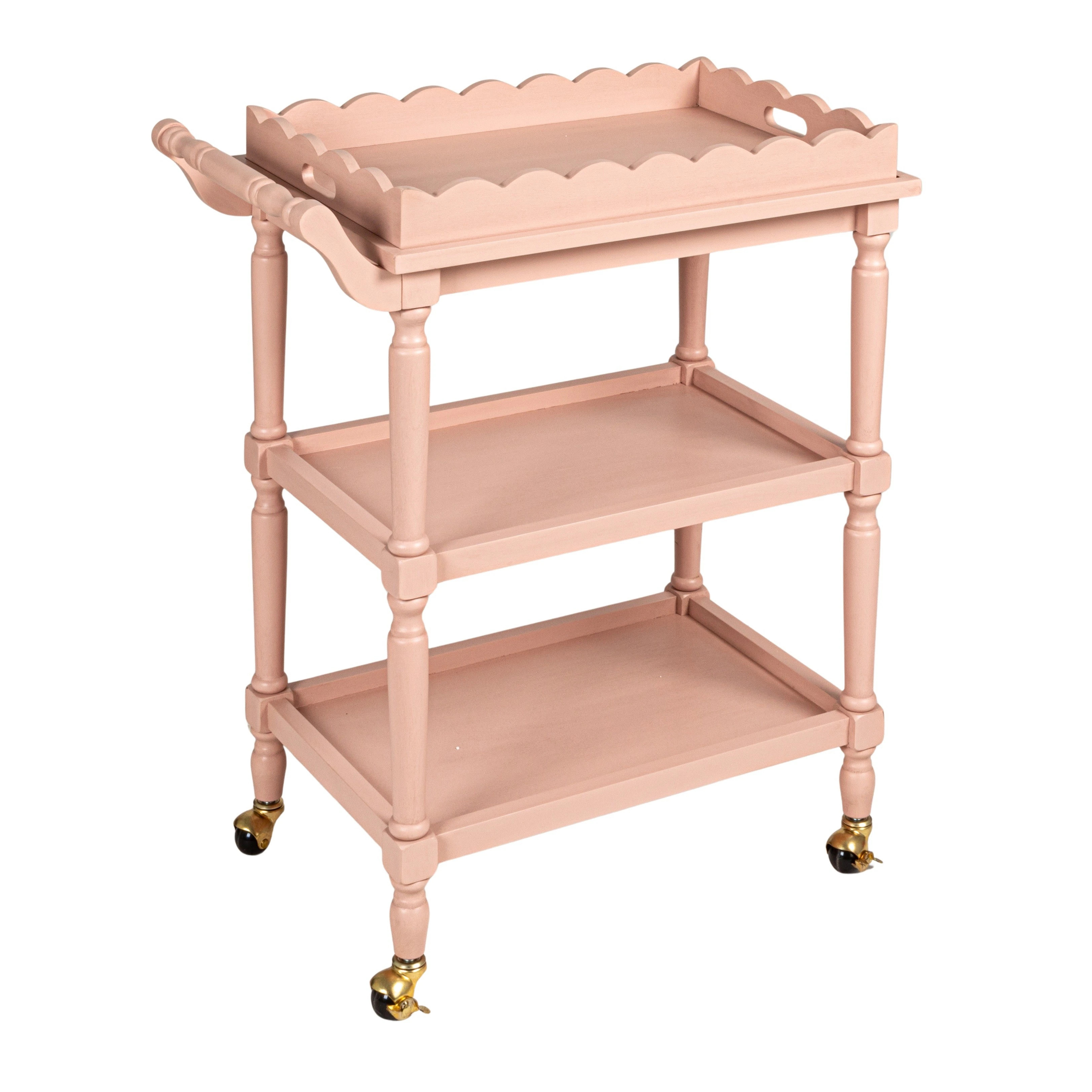 3-Tier Bar Cart on Casters with Removable Scalloped Tray, Pink - 27.3"L x 15.8"W x 31.9"H | Overstock