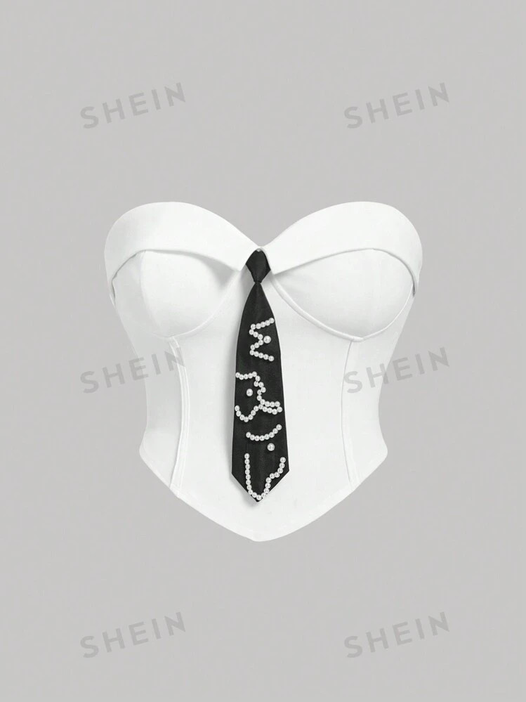 SHEIN MOD Plus Size White Blouse With Pearl Decor Collar | SHEIN