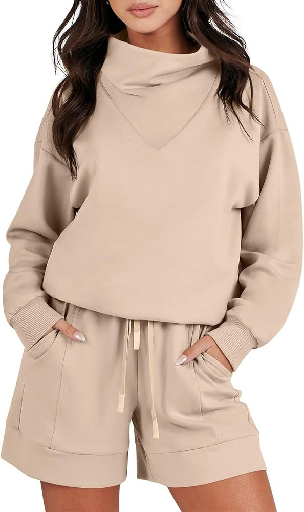 Caracilia Women 2 Piece Outfits Loose Sweatsuits Fashion Cowl Neck Sweatshirts & Shorts Set Loung... | Amazon (US)