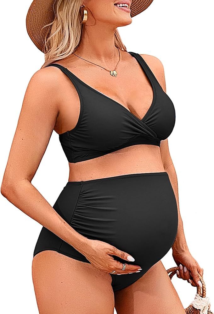 Charmo High Waisted Maternity Swimsuit Bikini Set V Neck Pregnancy Bathing Suits Push Up Two Piec... | Amazon (US)