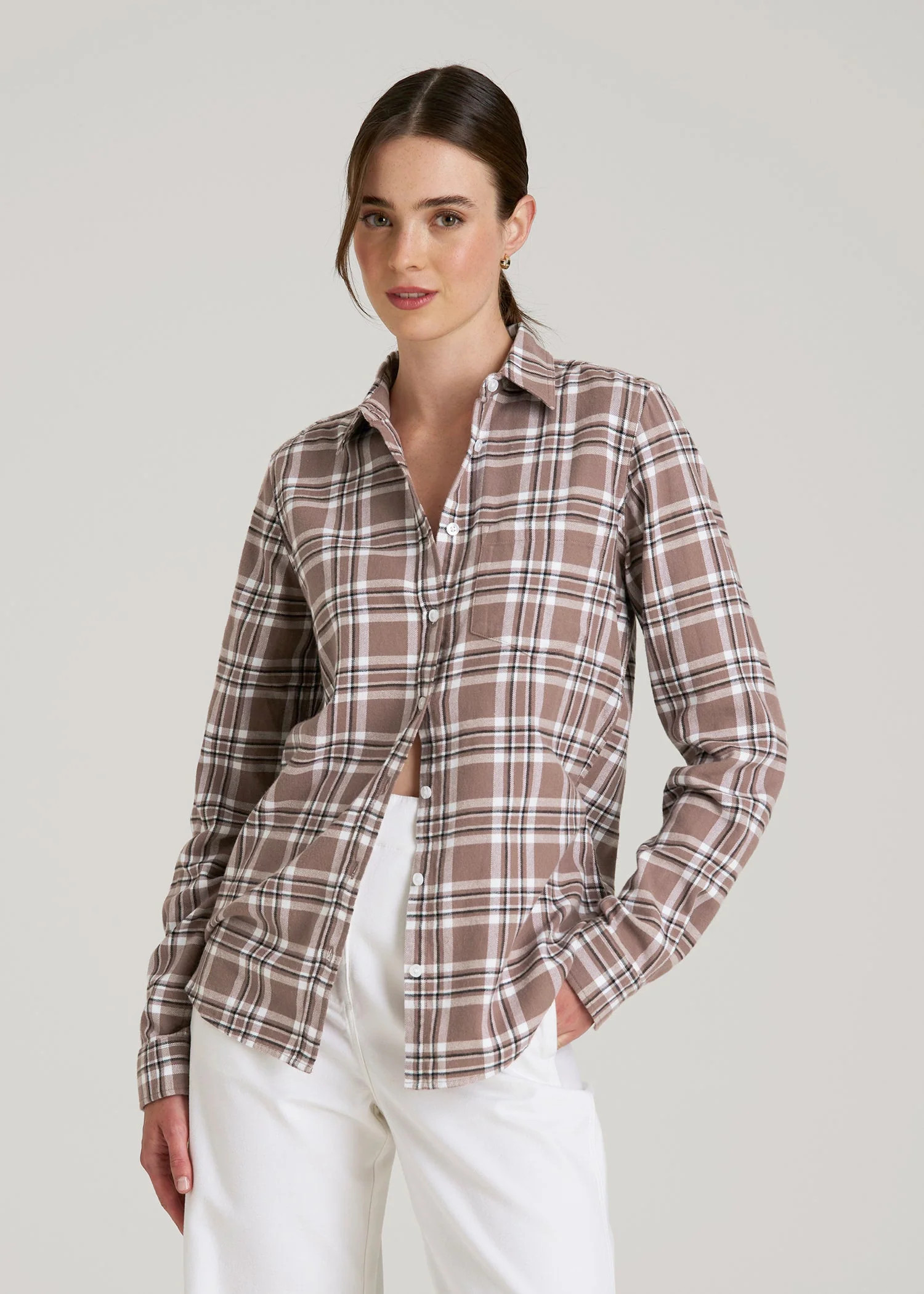 Flannel Button-Up Shirt for Tall Women in Woodsmoke with Black | American Tall