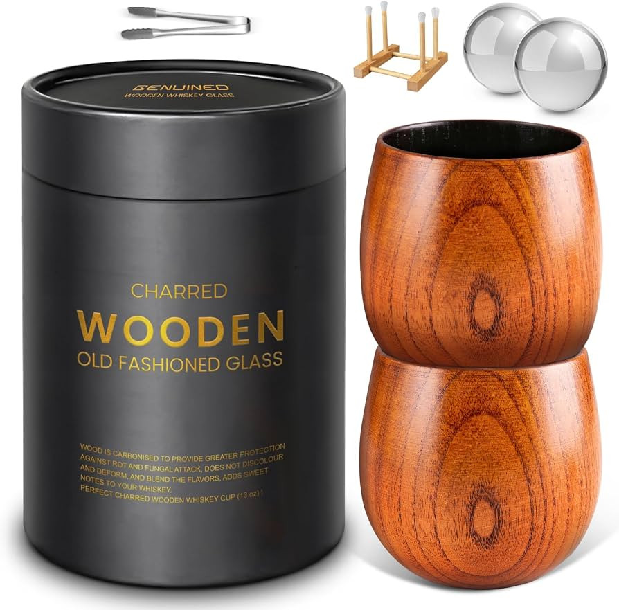 GENUINED Large Charred Wooden Bourbon Drinking Glass, Bourbon Gifts for Men, Anniversary Birthday... | Amazon (US)