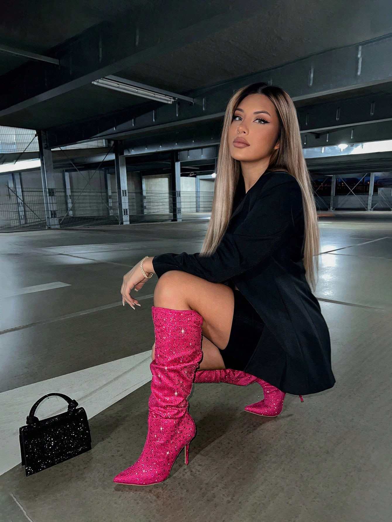 Cuccoo Party Collection Rhinestone Decor Point Toe Stiletto Heeled Slouchy Boots | SHEIN