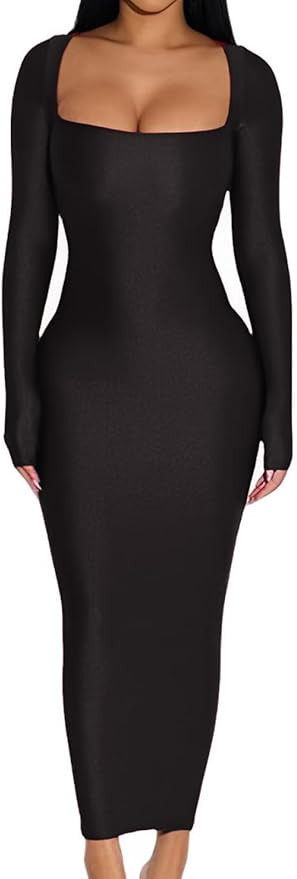 Women's 2024 Fall Maxi Dress Sexy Square Neck Long Sleeve Back Slit Bodycon Party Club Long Dress... | Amazon (US)
