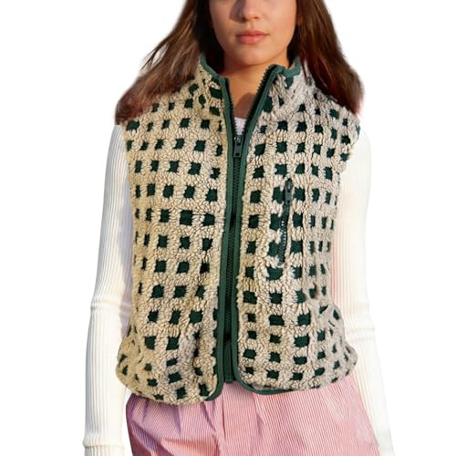 SeeLuNa Womens Checkered Sherpa Vest Sleeveless Winter Fleece Jacket High Neck Zip Up Plaid Gilet with Chest Pocket(Green, L) | Amazon (US)