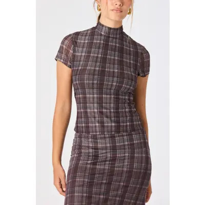 ASTR the Label Baila Plaid Mesh Mock Neck Top in Brown Blue Plaid at Nordstrom, Size Large | Nordstrom