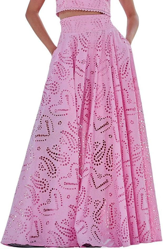chouyatou Women's Hollow Out Eyelet Maxi Boho Skirt Back Smocked Waist Lace Floral Flowy Long Ski... | Amazon (US)