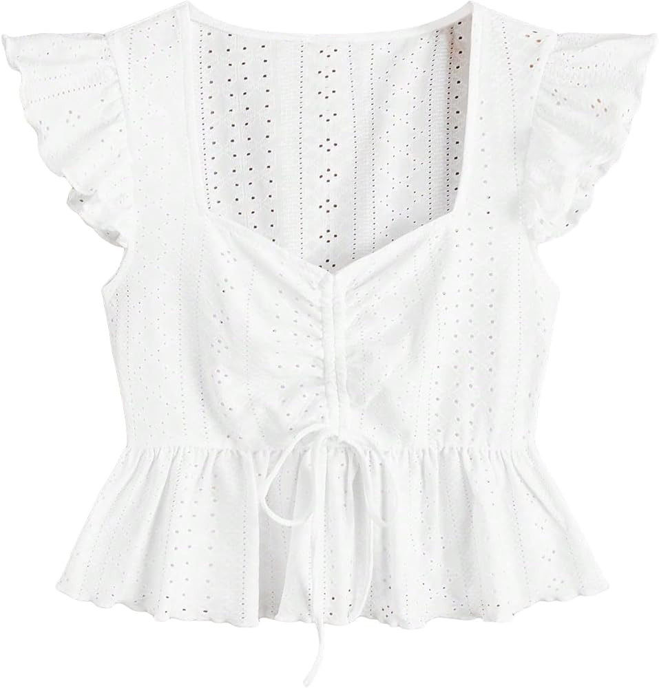 SOLY HUX Women's Ruched Sweetheart Neck Cap Sleeve Ruffle Trim Peplum Crop Blouse Tops | Amazon (US)