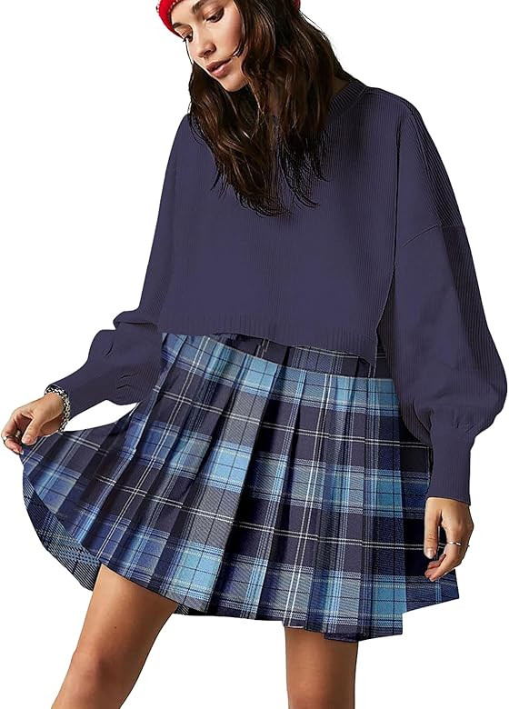 Womens Oversized Sweater Dress 2023 Trendy Long Sleeve Crewneck Pullover Tops Relaxed Fit Sweatshirts Mini Dresses | Amazon (US)