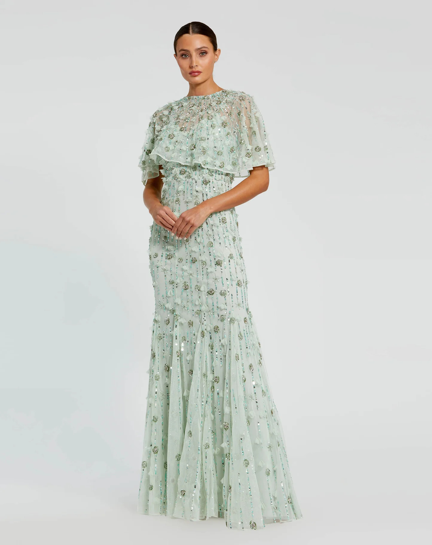 Green Embellished Illusion Cape Sleeve Trumpet Gown | Mac Duggal | Mac Duggal