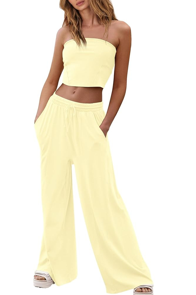 Yanekop Womens Tube Top Set 2 Piece Outfits Matching Sets Two Piece Lounge Set Cropped Tube Tops ... | Amazon (US)
