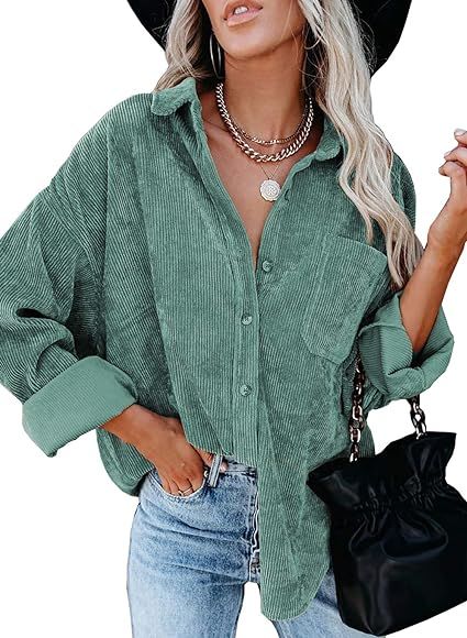 Women's Corduroy Shirts Causal Long Sleeve Button Down Blouses Top with Pockets | Amazon (US)