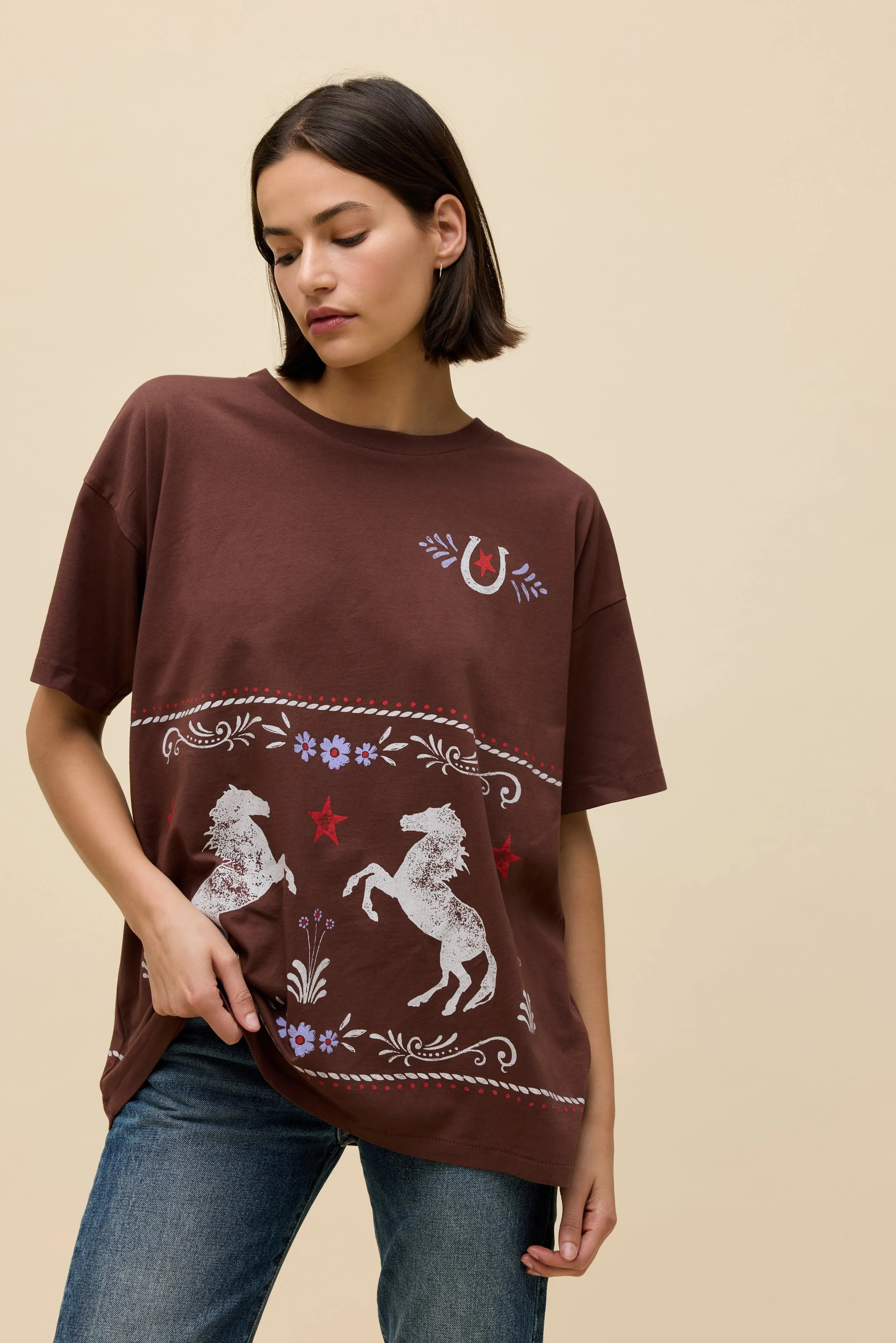 Floral Horse Pattern Merch Tee in Brown | 100% Cotton T-Shirt in Nutmeg | Daydreamer