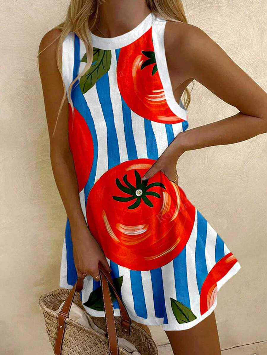 Vaclyn Women's Casual Striped Tomato Print Sleeveless Mini Dress For Vacation | SHEIN