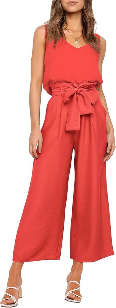 FANCYINN Womens 2 Piece Set V Neck Tank Wide Strap Tops High Waisted Cropped Paper Bag Pants with... | Amazon (US)
