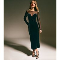 Women's Black Velvet Embellished Trim Mesh Long Sleeve Midi Dress New Look | New Look (UK)