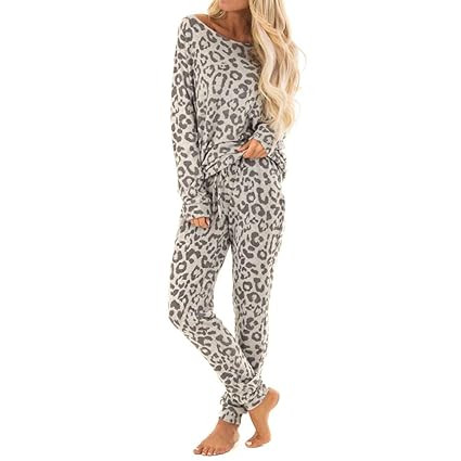 2PCs PJS Sets Leopard Women Tracksuit Pants Leisure Pajamas Lounge Wear Suit (L, Gray) | Amazon (US)