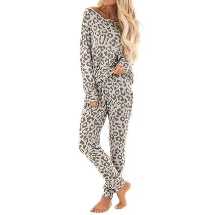 2PCs PJS Sets Leopard Women Tracksuit Pants Leisure Pajamas Lounge Wear Suit (L, Gray) | Amazon (US)