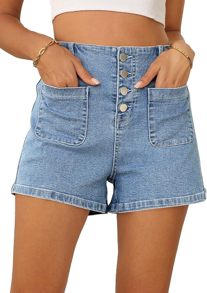 Sidefeel Women's Jean Shorts Button Fly Stretchy High Waisted Summer Denim Shorts Pants with Pock... | Amazon (US)