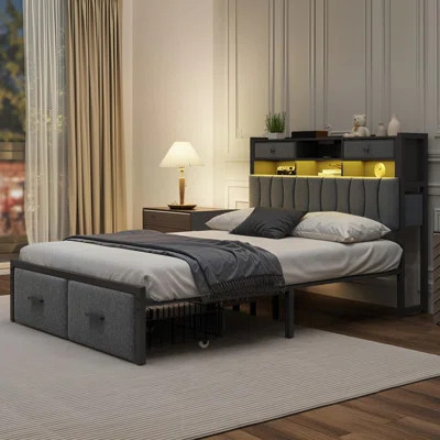 Uphostered Storage Bed With LED Bookcase Headboard, 2 Underbed Drawers & Charging Station | Wayfair North America