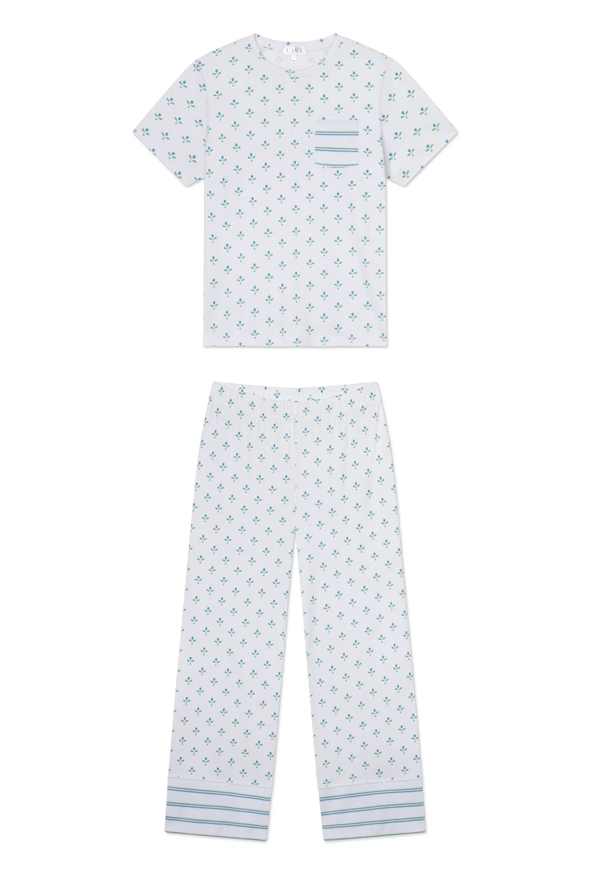 Pima Crew Wide Leg Pajama Set in Serene Blue Multi Blossom | Lake Pajamas
