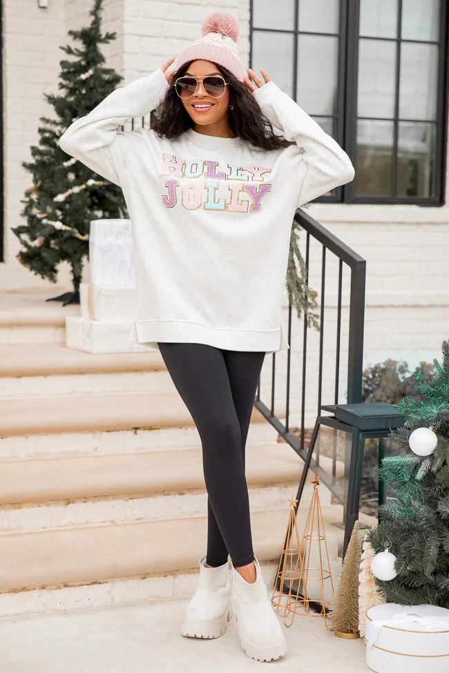 Holly And Jolly Chenille Patch Graphic Sweatshirt | Pink Lily