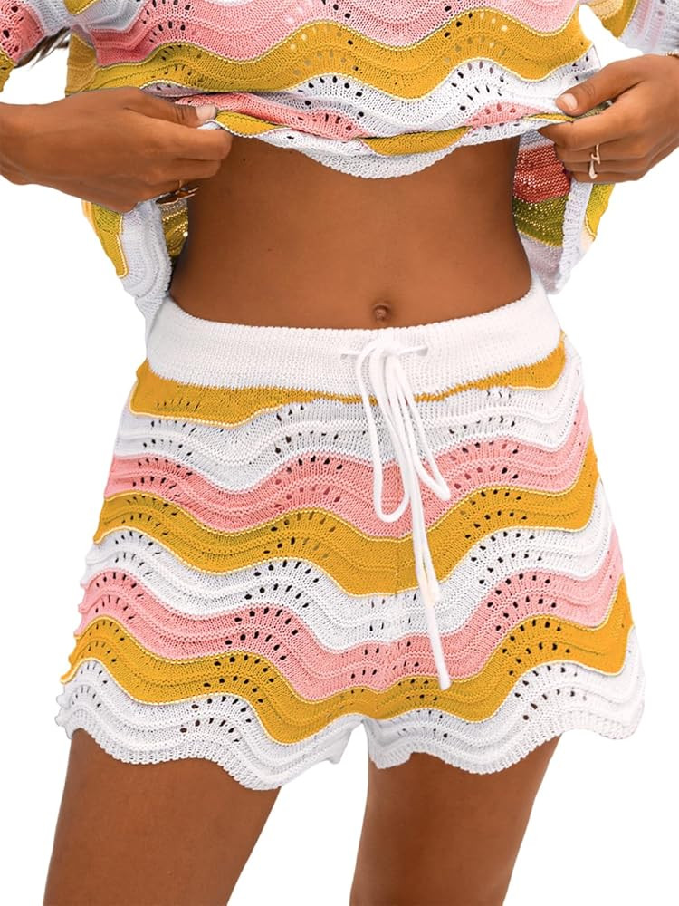 CUPSHE Women's Cover Up Shorts Striped Drawstring Waist Knit Swimsuit Cover Up Summer Casual Beac... | Amazon (US)