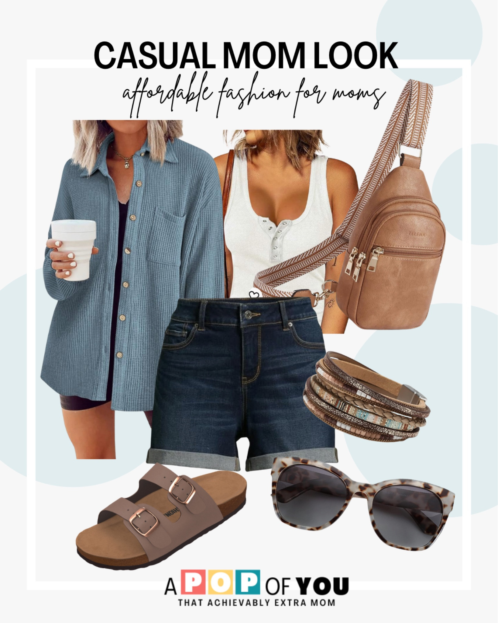 Casual mom outfit. Waffle cotton shacket, tortoise sunglasses, leather sling bag, snap ribbed tank, sandals, bracelets, high-waisted denim shorts 4” in-seam

#LTKfindsunder50 #LTKstyletip #LTKbeauty