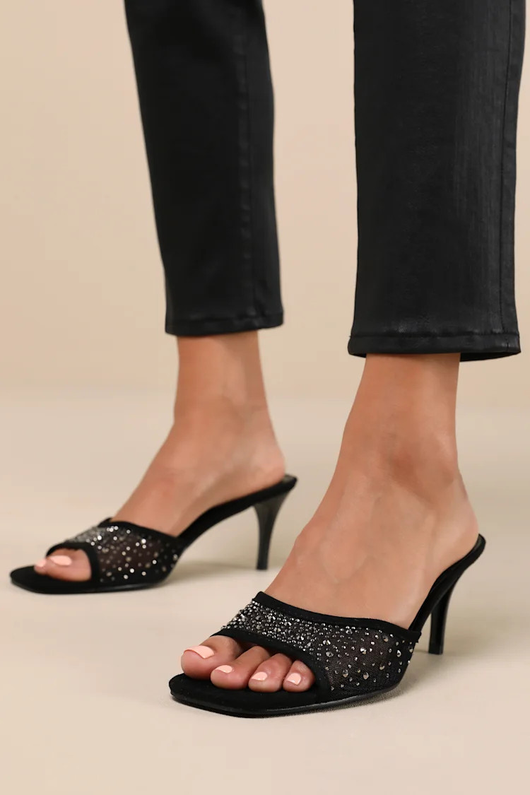 Delannie Black Suede Mesh Rhinestone High Heel Slide Sandals | Lulus