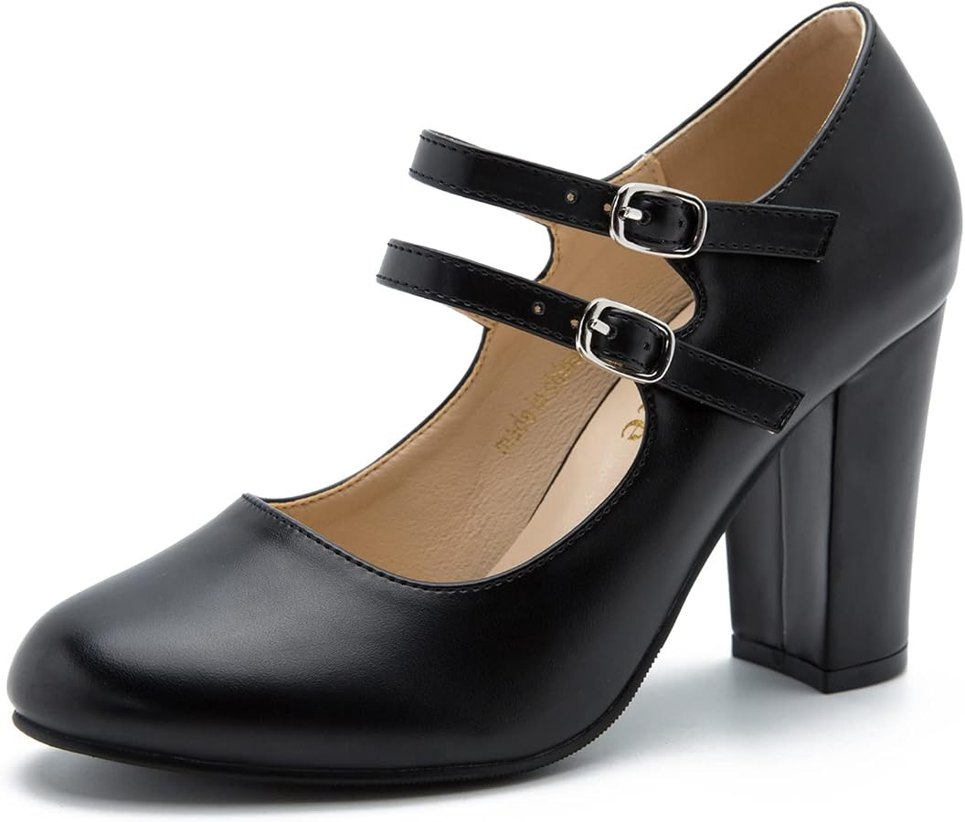 Women's Mary Jane Pumps, Double Strap, Chunky Block High Heel, Round Toe, 3.54 Inch Dress Shoes | Amazon (US)