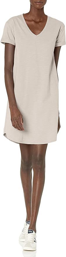 Daily Ritual Women's Lived-in Cotton Relaxed-Fit Roll-Sleeve V-Neck T-Shirt Dress | Amazon (US)